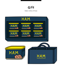 This illustration is a ham gift set. It's a basic gift set given by a company working on Korean holidays. - obrazy, fototapety, plakaty