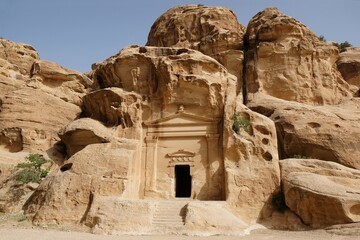 Little Petra (Siq al-Barid), Jordan - circa May 2022: Temple in ancient town Little Petra