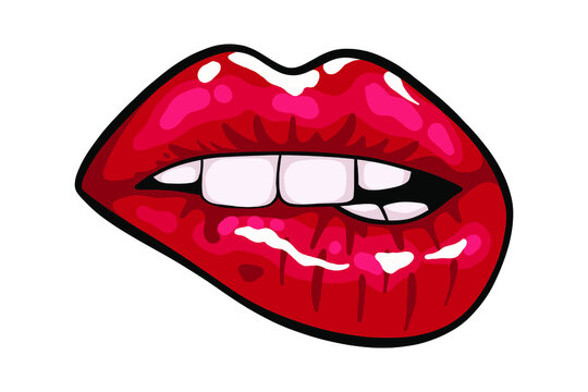  Closeup of sensuous woman biting red lips - Vector illustration