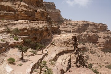 Wonderful mountain views on the Jordan Trail from Little Petra (Siq al-Barid) to Petra. Silhouettes...
