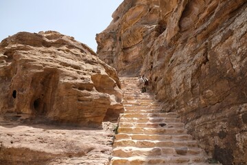 Donkey is standing on stone stairs on the Jordan Trail from Little Petra (Siq al-Barid) to Petra....