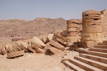 Fallen columns of Great Temple Nabataean ancient town Petra, Jordan.