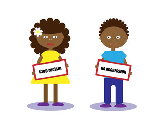 Girl and boy holding a placards. Protest against racism and discrimination towards African American people. Stop racism concept. Vector flat illustration.