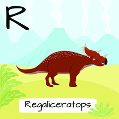 Regaliceratops dinosaur. Letter R. Children's alphabet education. Vector illustration of a prehistoric dinosaur.