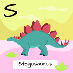 Stegosaurus dinosaur. Letter S. Children's alphabet education. Vector illustration of a prehistoric dinosaur.