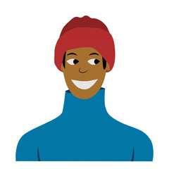 Smiling young adult student man in blue sweater and red beanie, asian ethnicity laughing internet personage. 
