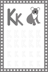 Letter K lowercase. Worksheet. Children's education. Koala illustration. Vector typeset. Alphabetical font. Preschool training.