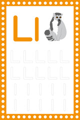 Letter L lowercase. Worksheet. Children's education. Lemur illustration. Vector typeset. Alphabetical font. Preschool training.