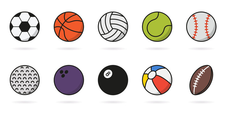 Set of Sport Game Balls Icon. Collection of Balls for Basketball, Baseball, Tennis, Rugby, Soccer, Volleyball, Golf, Pool Pictogram. Inflatable Color Ball, Softball Symbol. Vector Illustration