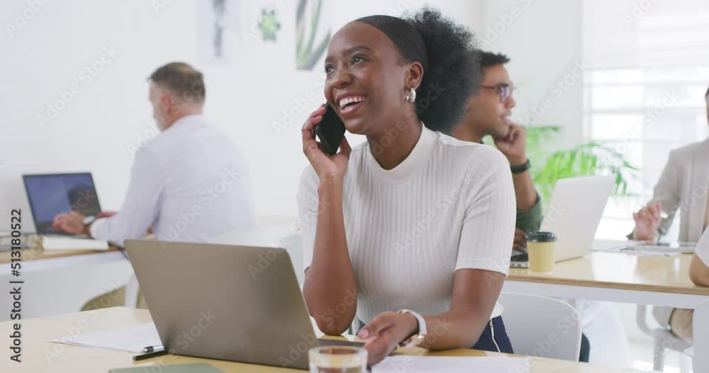 Poster businesswoman talking on a call on a phone and using laptop in an office with colleagues. entreprene