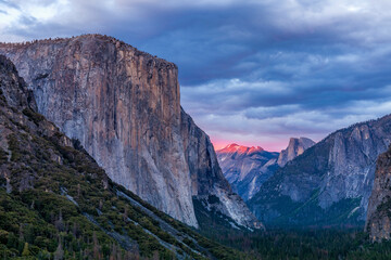 Evening view from the Tunnel View overlook in Yosemite National Park.  Seen are the icons of the park - El Capitan, Half Dome and Bridalveil Falls