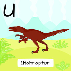 Utahraptor dinosaur. Letter T. Children's alphabet education. Vector illustration of a prehistoric dinosaur.