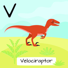 Velociraptor dinosaur. Letter T. Children's alphabet education. Vector illustration of a prehistoric dinosaur.