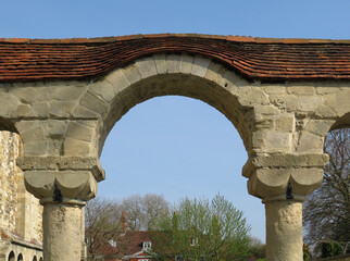 Remains of Romanesque arcade in the oldest part of the Cathedral of Winchester. 11-12...