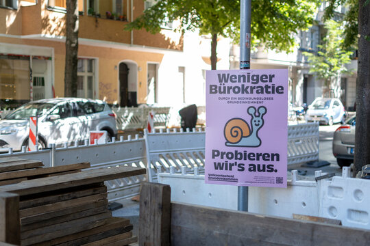 Volksentscheid Direct Democracy Political Advertisement In Berlin Promoting Less Bureaucracy And Universal Basic Income