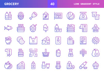 Grocery icons set. Line gradient set of vector. Can used for digital product, presentation, UI and many more.