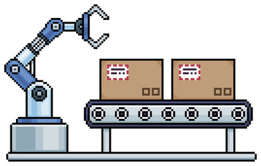 Pixel art industrial robot with conveyor belt and boxes. Production line vector icon for 8bit game on white background
