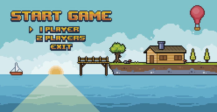 Pixel art adventure game menu with sea, island, house, tree, deck 8 bit vector background
