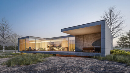 Fototapeta na wymiar 3D rendering illustration of modern house with natural Landscape