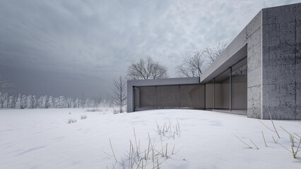 3D rendering illustration of modern house with Snow Landscape
