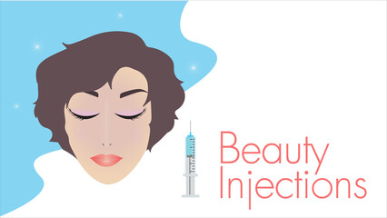Vector illustration. Banner of face of short hair woman on light blue background about beauty injections for lifting and rejuvenation with copy space.