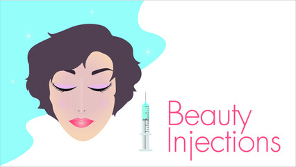 Vector illustration. Banner of face of short hair woman on light blue background about beauty injections for lifting and rejuvenation with copy space.