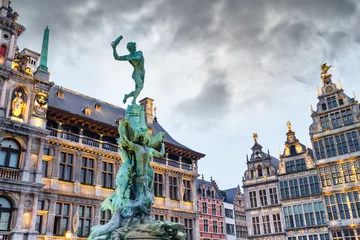 Wall murals Antwerp Cityscape - view of the Brabo fountain and the Stadhuis (building City Hall) at the Grote Markt (Main Square) of Antwerp, in Belgium
