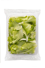 Lettuce, Isolated on White Background – Green Scattered Edible Vegetable Close-Up Macro, plastic Package Wrapped in Clear Plastic - Top View, Macro Close Up