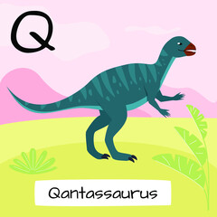 Qantassaurus dinosaur. Letter T. Children's alphabet education. Vector illustration of a prehistoric dinosaur.