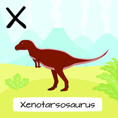 Xenotarsosaurus dinosaur. Letter T. Children's alphabet education. Vector illustration of a prehistoric dinosaur.
