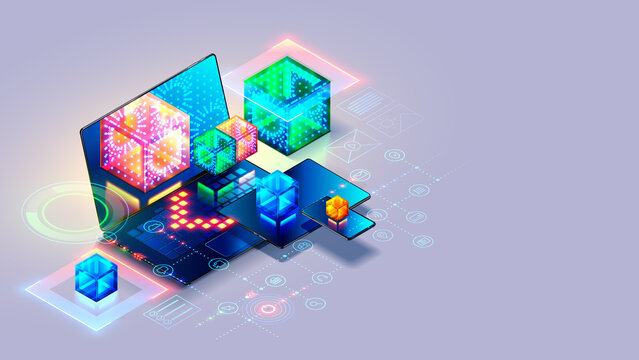 Concept of technology of software development. Computer network of programming digital app. Creating web design and program of business internet website. Laptop, tablet, phone on white with icons.