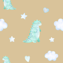 Watercolor baby seamless pattern with toy mint dinosaur, clouds and stars