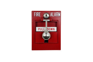 Cut out red fire safety alarm button isolated on white background.
