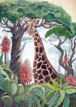Painted giraffe on a savanna background with flowers.