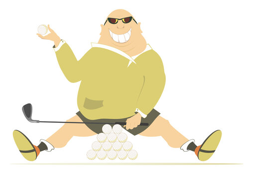 Cartoon golfer man on the golf course illustration. 
Sitting on the golf course fat bald-headed golfer in sunglasses with golf club and a lot of balls. Isolated on white background
