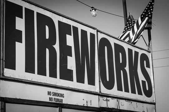 Black and white photo of vintage fireworks stand