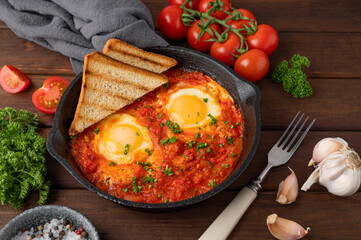 Shakshuka in a frying pan on a dark wooden background. Eggs cooked in tomato sauce with spices and fresh parsley on top. Rustic style. Top view, copy space.