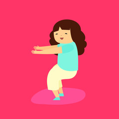 The girl does exercises and squats