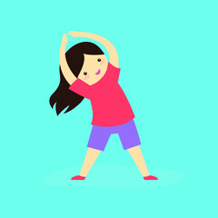 The girl is doing exercises and raised her hands up leaning to the side