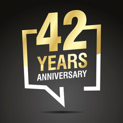 42 Years Anniversary celebrating, gold white speech bubble, logo, icon on black background