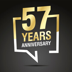 57 Years Anniversary celebrating, gold white speech bubble, logo, icon on black background