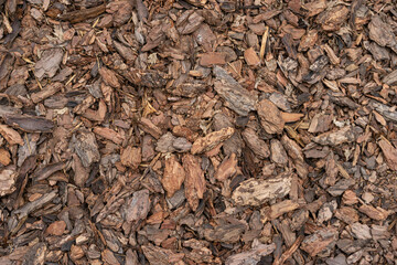 Pine Bark Mulch. A pile of wood chips to be used as landscaping mulch