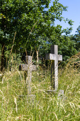 Two stone crosses surrounded by long grass in Margravine cemetery in London, England