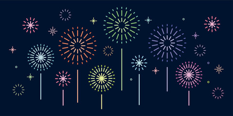 花火　カラフル　シンプル　背景　紺色