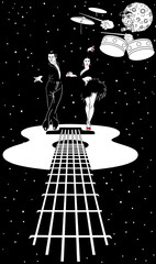 A beautiful, graceful man and woman perform a flamenco dance. A metaphor. Guitar. Space. Moon. The drummer.