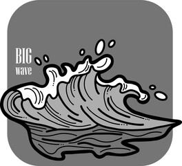 Sea wave, powerful splash energy of nature. Nautical ocean theme with ocean storm, summer holiday. For surfing and sailing decoration element. Hand drawn vector illustration. Cartoon style drawing.