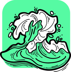 Obraz premium Sea wave, powerful splash energy of nature. Nautical ocean theme with ocean storm, summer holiday. For surfing and sailing decoration element. Hand drawn vector illustration. Cartoon style drawing.