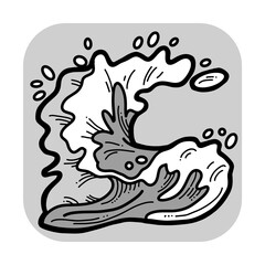 Sea wave, powerful splash energy of nature. Nautical ocean theme with ocean storm, summer holiday. For surfing and sailing decoration element. Hand drawn illustration. Cartoon style monochrome drawing