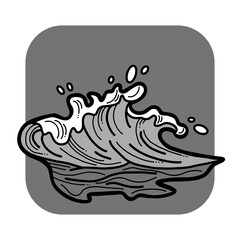 Sea wave, powerful splash energy of nature. Nautical ocean theme with ocean storm, summer holiday. For surfing and sailing decoration element. Hand drawn illustration. Cartoon style monochrome drawing