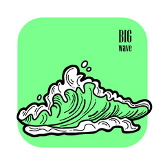 Sea wave, powerful splash energy of nature. Nautical ocean theme with ocean storm, summer holiday. For surfing and sailing decoration element. Hand drawn illustration. Old comic cartoon style drawing.